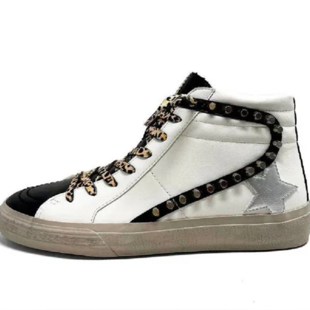 ShuShop Sz 6 White and Black High-Top Sneakers with Leopard Accents